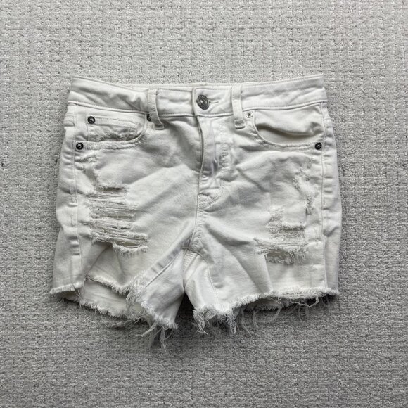 American Eagle Hi- Rise Shortie Shorts Women's size 2 White Distressed Denim - Picture 1 of 14
